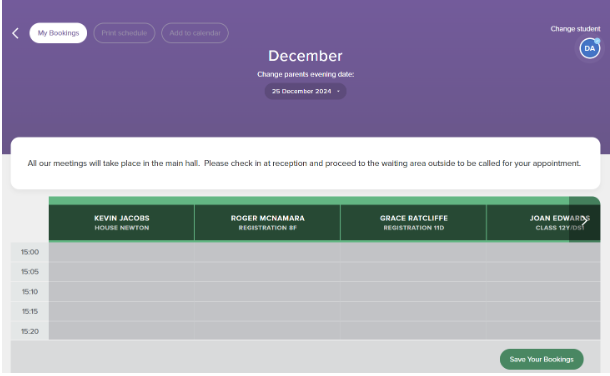 Screenshot of the parents' evening booking screen, displaying the 'Save Your Bookings' button in the bottom-right corner.